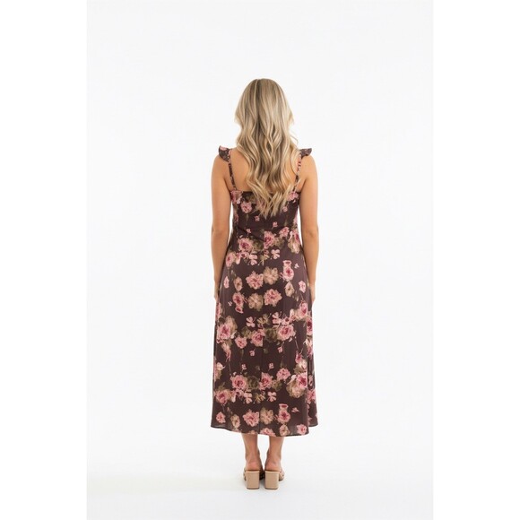 Rosie Posie Midi Dress Womens M Brown Pink Floral Back Zip - Picture 3 of 4